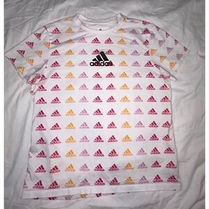 Adidas Pink All Over Print Logo Tee Athletic Activewear Top White Medium
